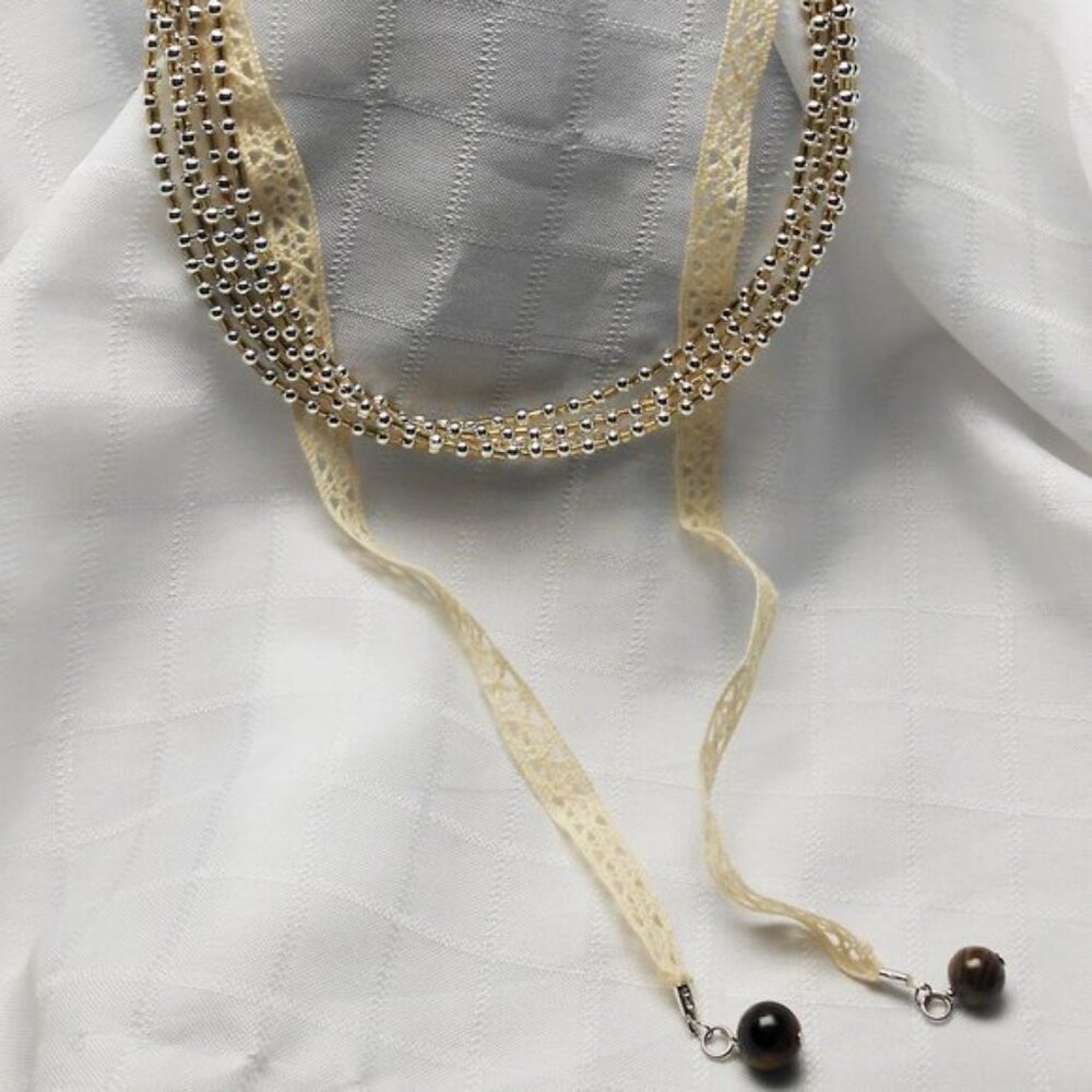 Handmade ribbon necklace with 3mm glass and metal beads - Picture 2 of 2
